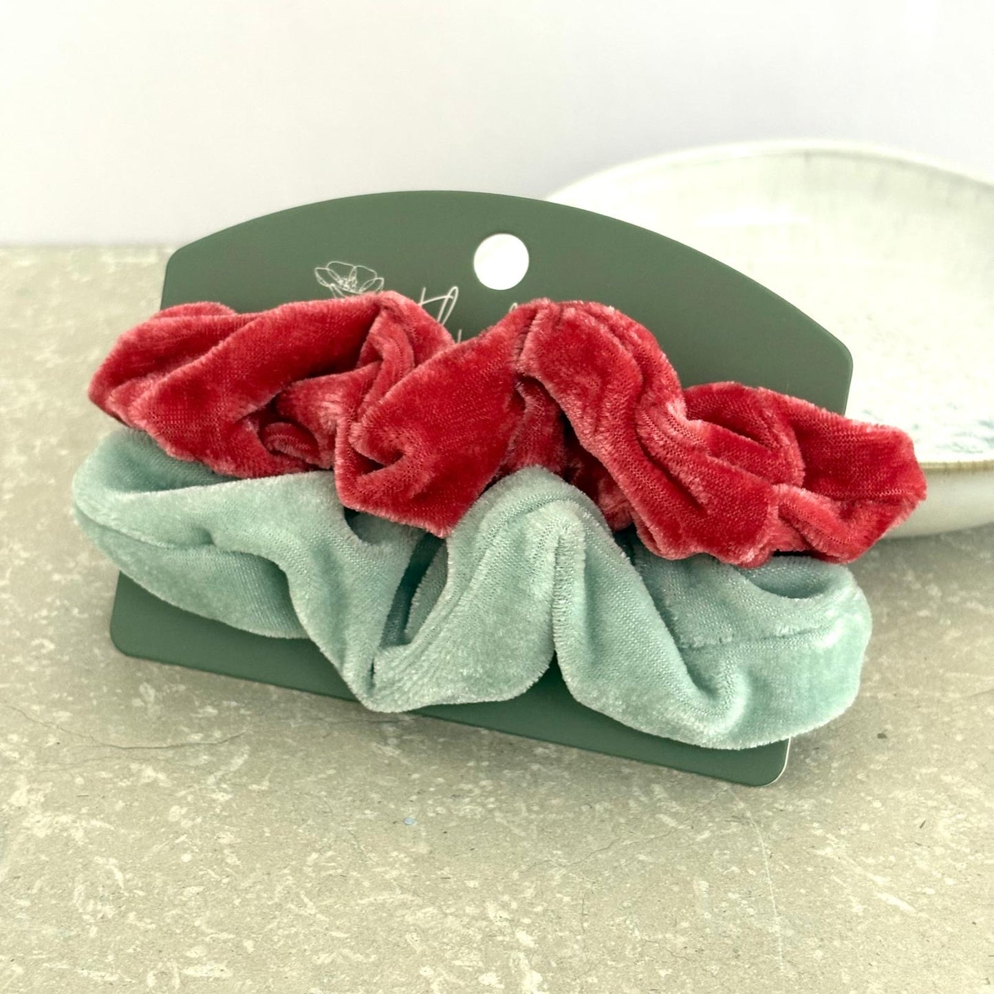 Velvet Scrunchie Duo- Coral & Seafoam