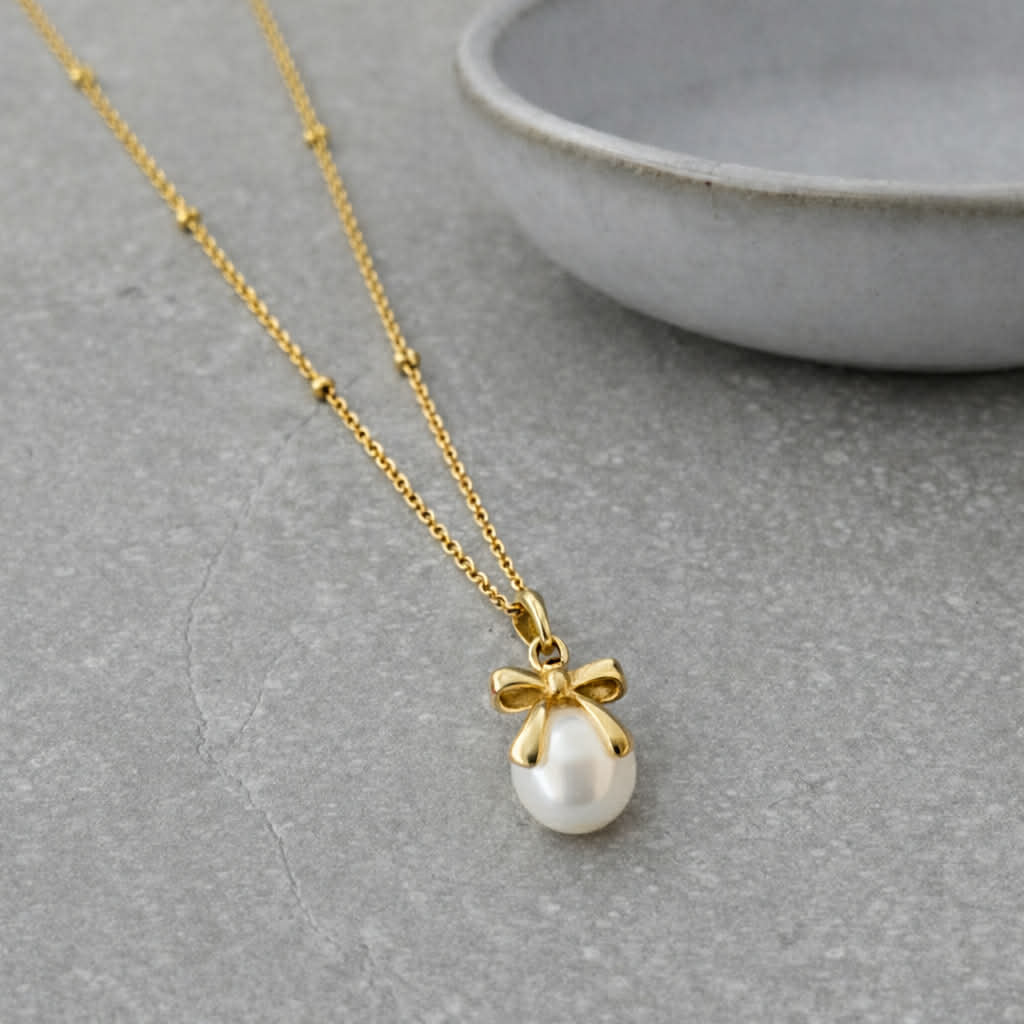 Tarnish Resistant Bow Pearl Necklace