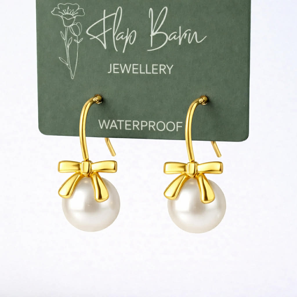 Tarnish Resistant Pearl Bow Earrings