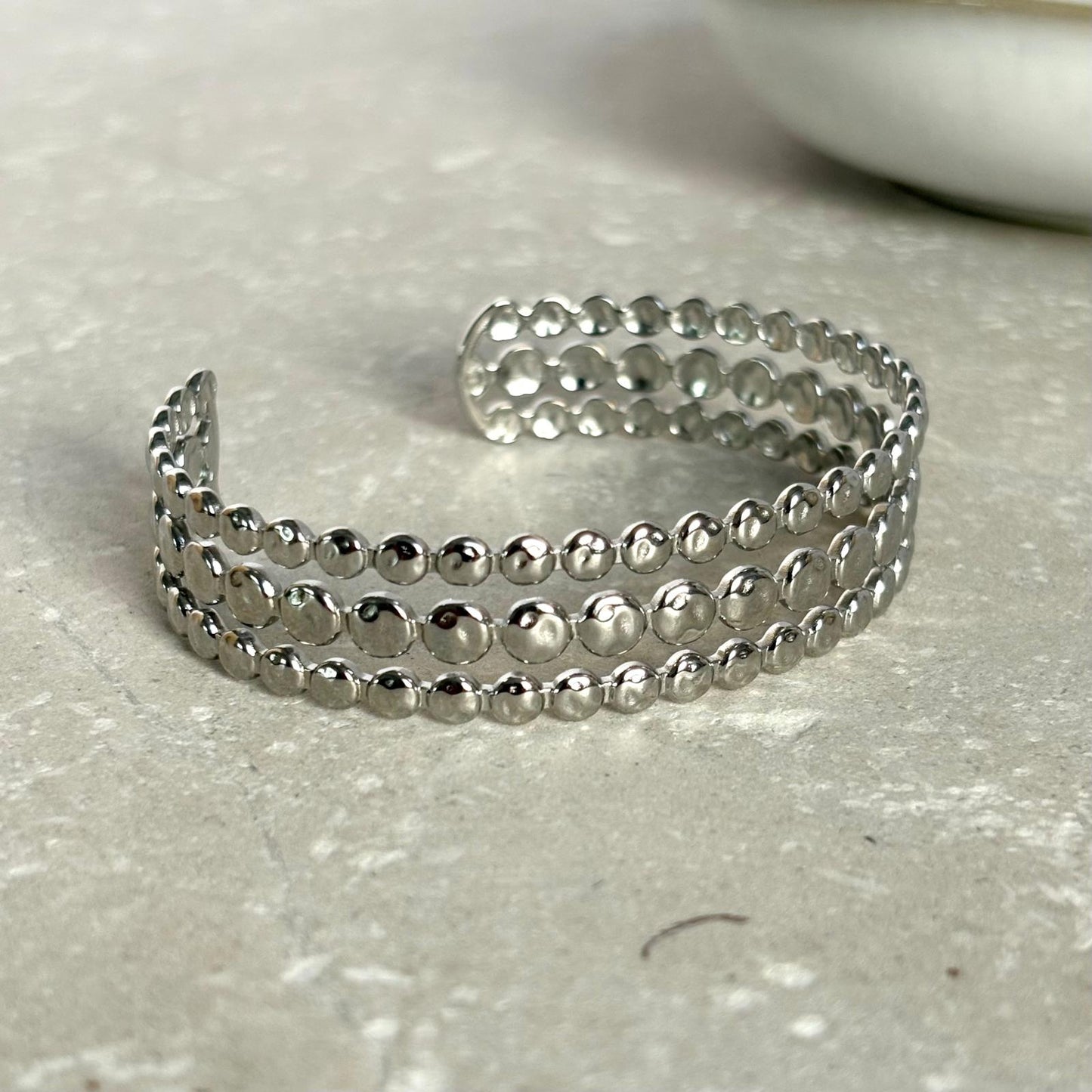 Tarnish Resistant Three Band Bobbled Cuff Bangle