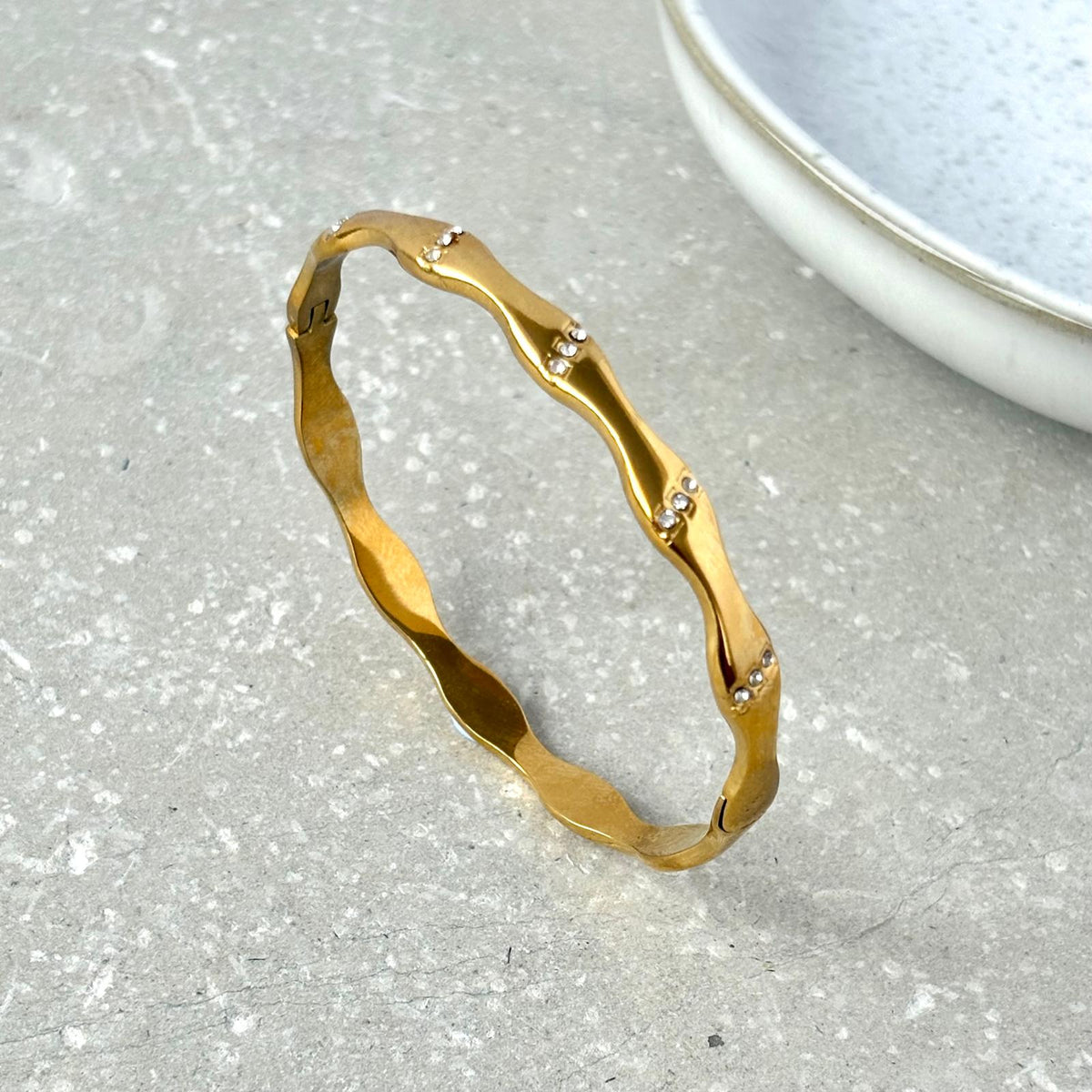 Tarnish Resistant Triple Zirconia Wavy Hinged Bangle