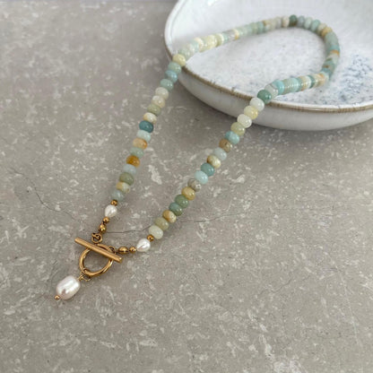 Tarnish Resistant Aqua Front Fastening Beaded Necklace