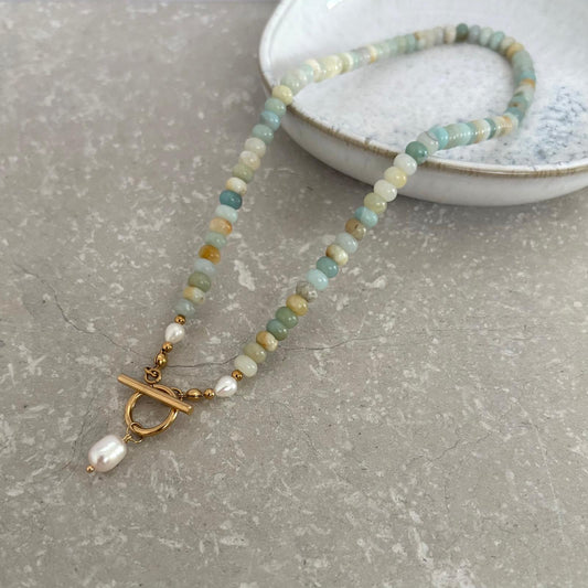 Tarnish Resistant Aqua Front Fastening Beaded Necklace