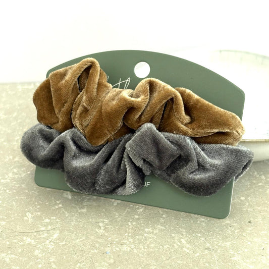 Velvet Scrunchie Duo- Stone & Caramel