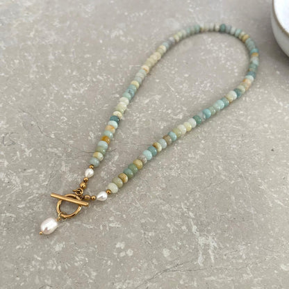 Tarnish Resistant Aqua Front Fastening Beaded Necklace