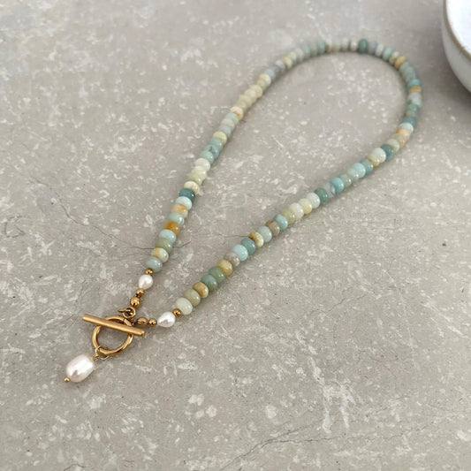 Tarnish Resistant Aqua Front Fastening Beaded Necklace
