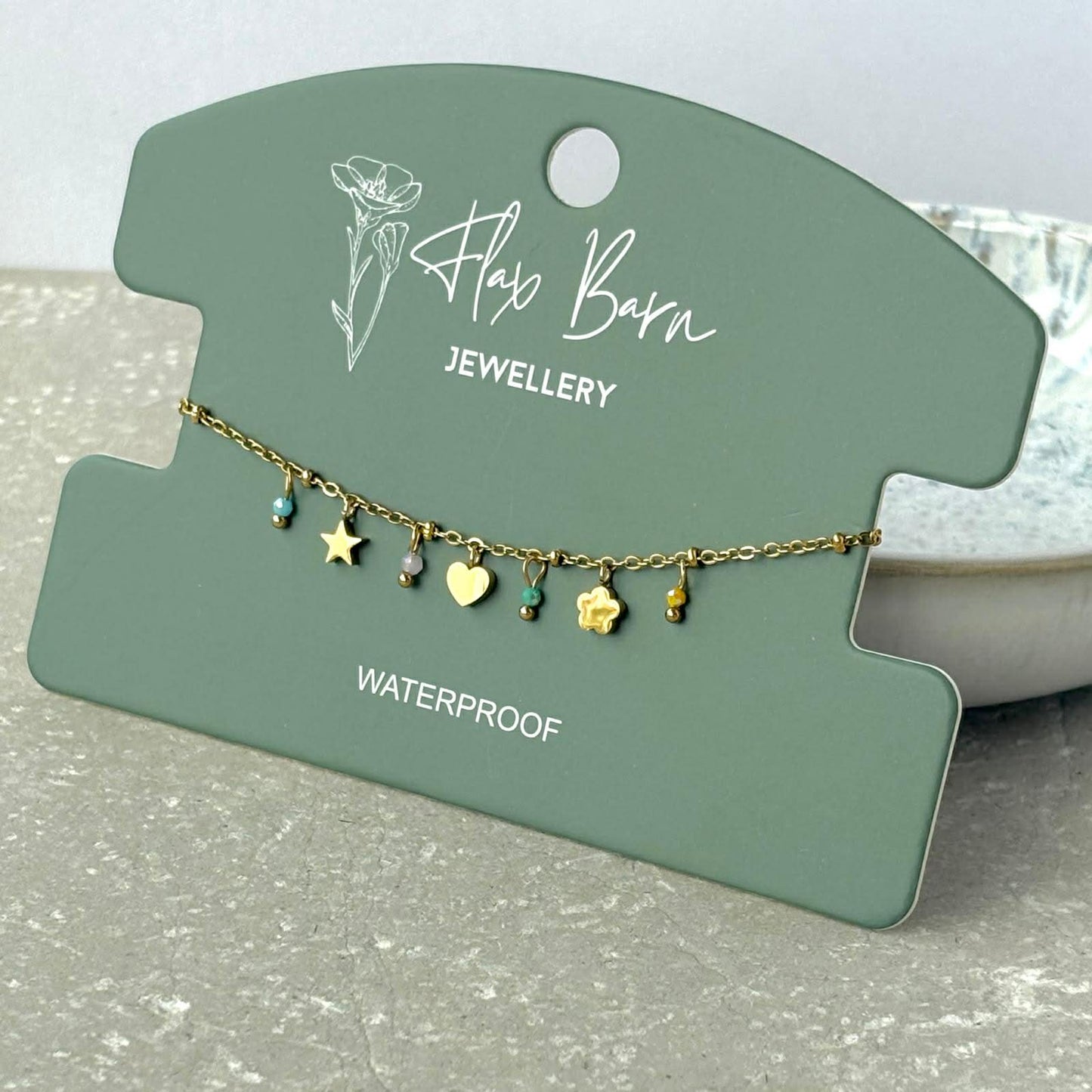 Tarnish Resistant Green Bead Charm Bracelet