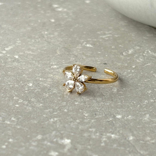 Tarnish Resistant Zirconia Flower Open Ring