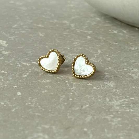 Tarnish Resistant Pearlescent Heart Studs