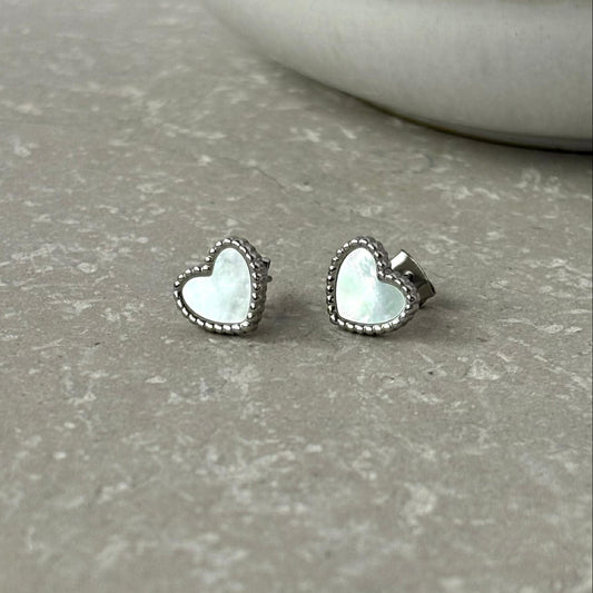 Tarnish Resistant Pearlescent Heart Studs