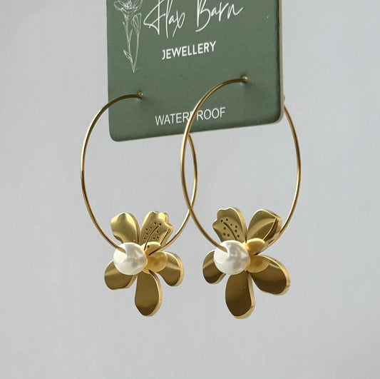 Tarnish Resistant Tropical Flower Dangle Hoop Earrings