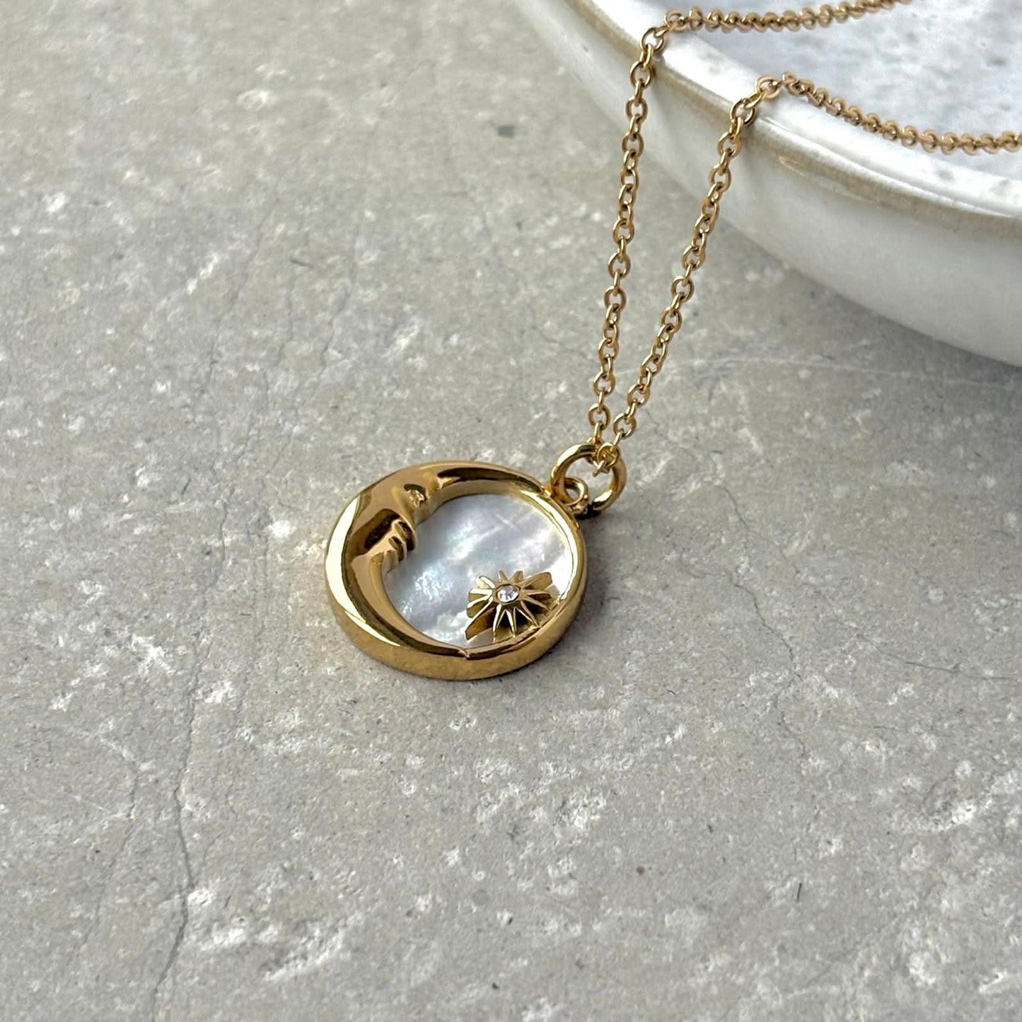 Tarnish Resistant Moon and Star Pearlescent Necklace