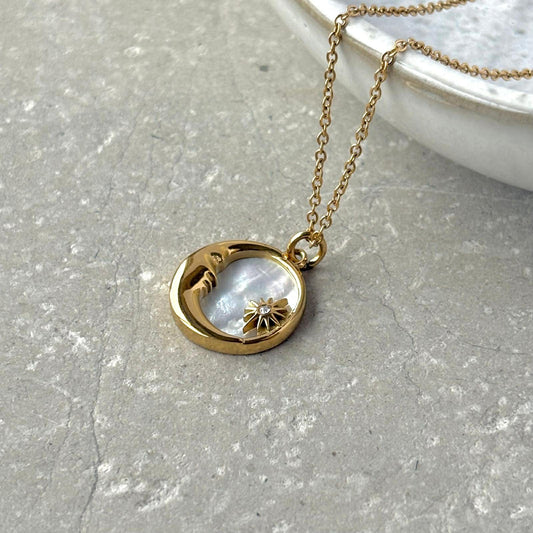 Tarnish Resistant Moon and Star Pearlescent Necklace