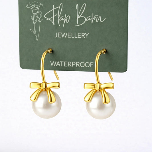 Tarnish Resistant Pearl Bow Earrings