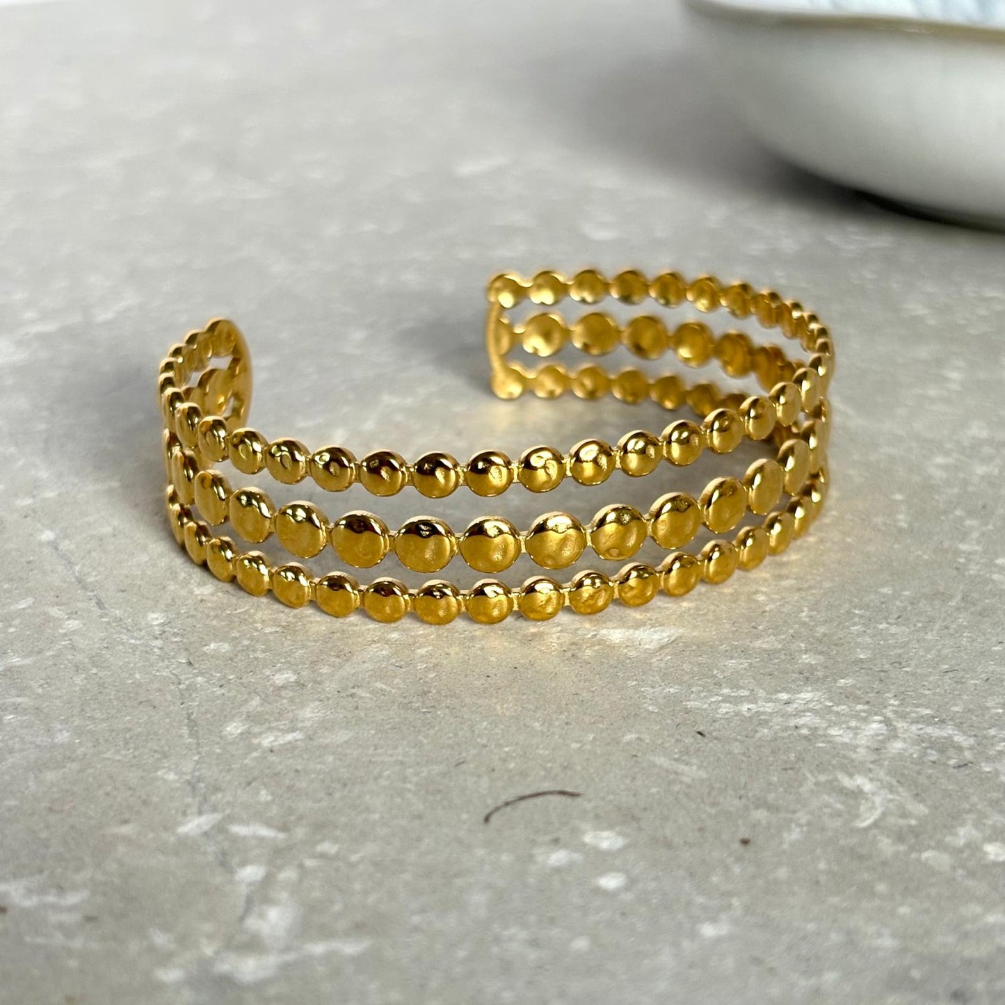 Tarnish Resistant Three Band Bobbled Cuff Bangle